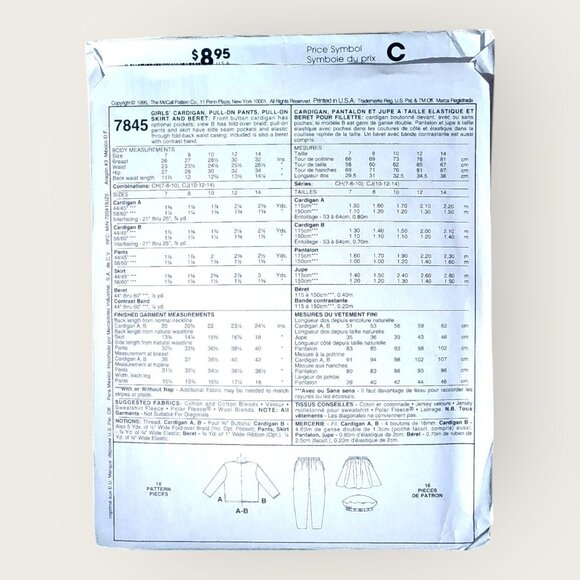 Vintage 1990s McCalls Sewing Pattern 7845 Girls Cardigan Pants Skirt Beret 7-10 - Picture 2 of 2